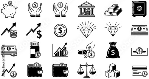 Comprehensive Set of Financial Icons Featuring Money Piggy Bank Investment Growth Charts Banking Symbols and Currency Graphics Isolated on White Background