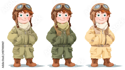 Young Boy in Pilot Costume with Outline, Isolated Vector Illustration
