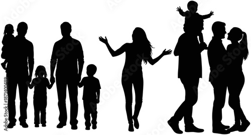Black silhouette vector set of happy families including parents with children romantic couples and individuals for lifestyle graphic design