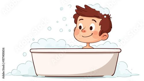 Adorable Cartoon Boy Bathing in Vector with Outline, Isolated Illustration