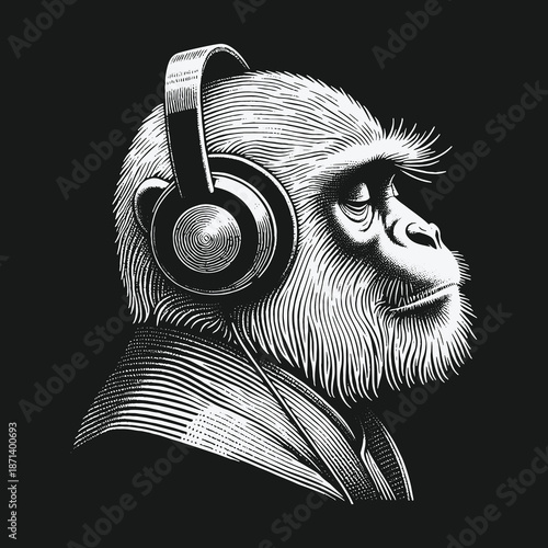 Intricate Engraving of a Chimpanzee Lost in Music with Headphones.