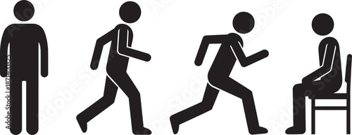 Stick figures demonstrating a progression from standing to sitting