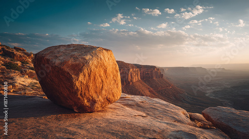 Panoramic view of a giant boulder on a cliff overlooking a vast desert canyon during a vibrant sunset with a soft cloudy sky.