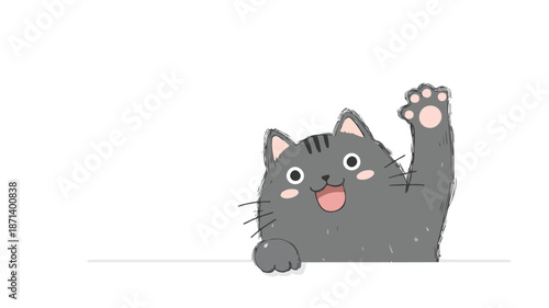 Cute Cat Cartoon Waving Vector with Outline Isolated on White