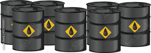 Black liquid oil barrels flowing from steel black barrel vector illustration