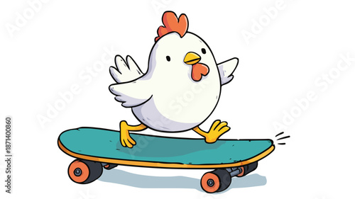 Playful Cute Chicken Skateboarding Vector Design with Outline for Isolation