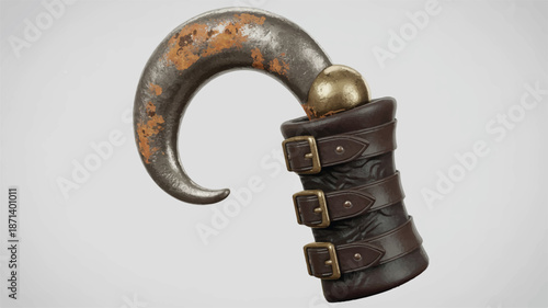 Rusty metal hook with leather wrapping and brass buckles and ball