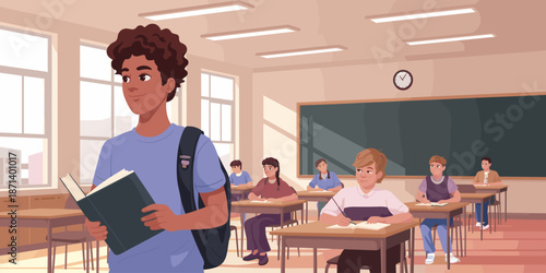 Smiling high school student carrying book in classroom with classmates studying lesson education learning knowledge student life back to school concept for educational institution website banner or pr