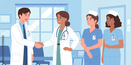 Diverse team of doctors shaking hands in hospital meeting professional healthcare providers collaborating in modern medical office environment for pharmaceutical advertising and health insurance marke