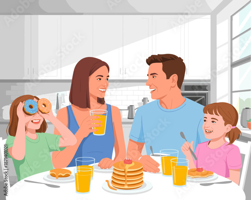 Happy family eating breakfast with pancakes and donuts in bright modern kitchen cheerful mother father and two daughters enjoying morning meal together lifestyle illustration for advertising marketing