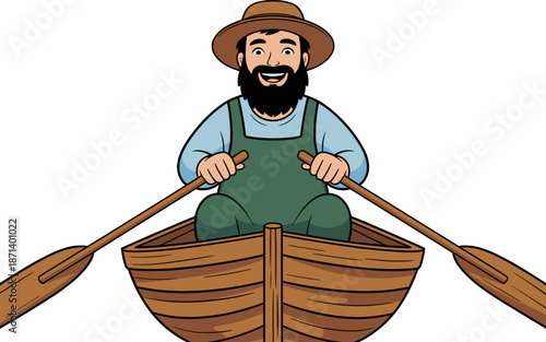 Cheerful cartoon man rowing wooden boat on calm waters happy bearded character enjoying recreational boating adventure in sunny day outdoor leisure activity for travel blog post or vacation advertisem