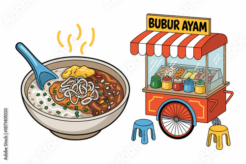 Delicious bubur ayam Indonesian rice porridge being served from colorful street food cart illustration with flavorful chicken toppings and condiments traditional breakfast cuisine culinary advertiseme