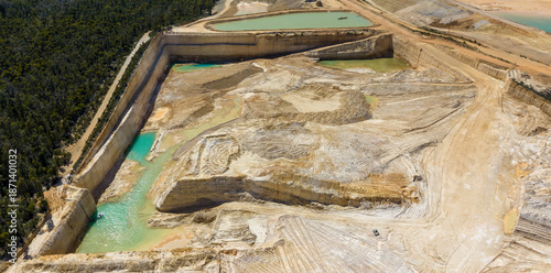 Bilde på lerret Drone aerial photograph of a large operational industrial sand quarry located within a vibrant and evergreen forest in the Blue Mountains in New South Wales, Australia