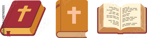 Holy Bible book set with cross symbol, religious christian scripture flat vector illustration for church design