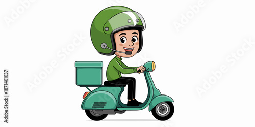 Cartoon delivery man character riding scooter moped wearing helmet delivering package box happy courier service motorcycle driver illustration for fast transport logistics shipping food delivery app b