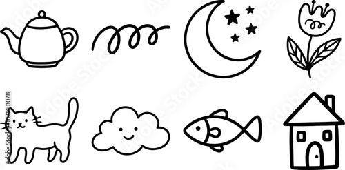 Creative Illustrations: A charming collection of whimsical illustrations featuring a teapot, squiggle, crescent moon and stars, a blooming flower, a playful cat, a smiling cloud, a fish.