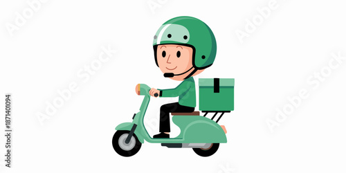 Cartoon delivery man riding scooter delivering package in modern city illustration courier service for business advertising online shopping promotion express shipping food transportation delivery app