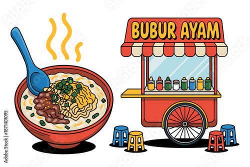 Delicious bubur ayam rice congee with shredded chicken from street food cart illustration traditional Indonesian breakfast cuisine culinary tourism travel advertising promotion authentic local culture