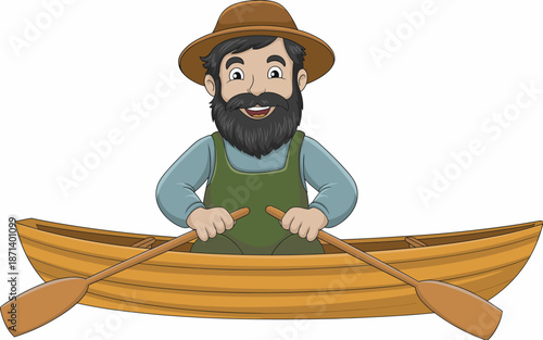 Cartoon man rowing wooden boat with paddles cheerful character illustration enjoying outdoor adventure on lake river waters active lifestyle concept for children's book designs recreational activity t