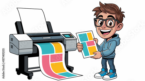 Cartoon graphic designer smiling and holding color palette print from large format inkjet printer in modern studio happy creative professional character illustration for advertising branding marketing