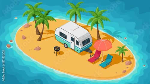 Isometric tropical island camping vacation with vintage camper trailer and palm trees relaxing on beach chairs enjoying summer holiday travel adventure for tourism promotion and travel agency advertis