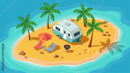 Isometric camper trailer on tropical island with palm trees relaxing vacation getaway concept idyllic beach camping scene for travel advertising summer holiday tourism promotion recreational vehicle l
