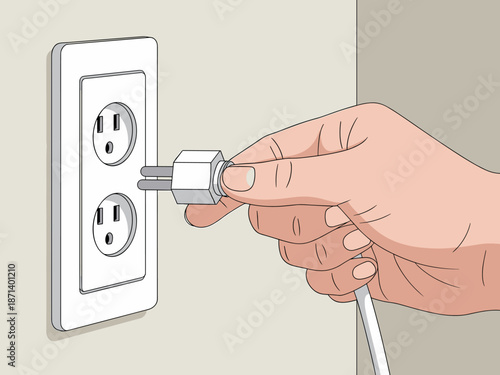 Hand Inserting Electrical Plug into Wall Socket Power Outlet Connection for Appliance Operation Home Electronics Domestic Electricity Supply Energy Safety Illustration for Household Use and Electrical