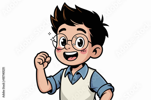 Excited cartoon boy with glasses raising fist in celebration cheerful happy kid character vector illustration for children's education success achievement positive attitude motivation learning and dev