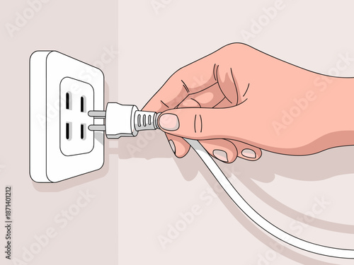 Electrical plug being inserted into wall socket by hand for power connection in home outlet illustration energy consumption electricity supply safety awareness for household appliance usage residentia