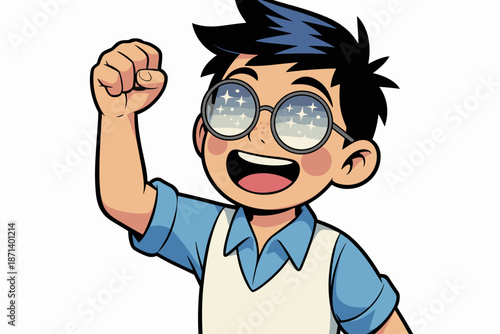 Cartoon boy with glasses raising fist in celebration successful achievement excited cheerful child character illustration for positive encouragement educational concept happy expression on kids face v