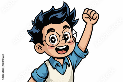 Excited cartoon schoolboy raising fist in air celebrating success achievement victory with joyful expression cheerful student character design for education learning and positive attitude in children'
