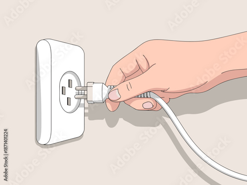 Hand inserting white electrical plug into outlet on wall power connection for appliance or device electricity supply in home or office providing electric current for charging and operation energy effi