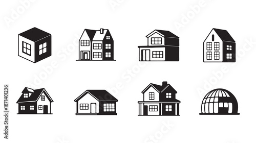 3d house design 8 set black logo icon 