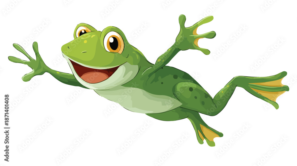 Fototapeta premium Adorable Green Frog Jumping Cartoon Illustration with Outline for Designs and Projects