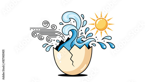 Explosion of Life from Cracked Egg with Sun and Wind Elements, Generative AI.