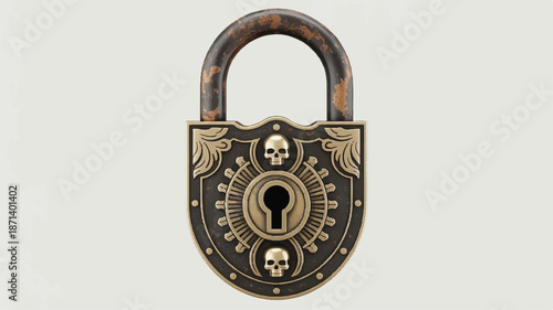Rusty vintage padlock with skulls on gray background