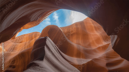 sandstone formations in antelope canyon with blue sky
