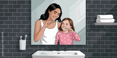 Happy mother and daughter brushing teeth together in bathroom mirror reflection family dental hygiene routine cute child learning healthy habits daily oral care lifestyle illustration for parenting he