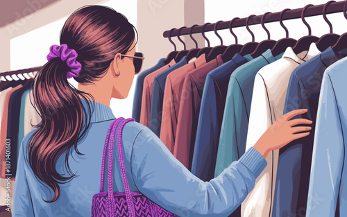 Stylish woman browsing clothing rack in fashion boutique apparel store looking for trendy outfits elegant wardrobe choices summer collection new arrivals clothing retail shopping experience style conc