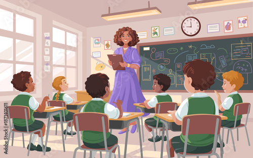 Smiling female teacher holding clipboard teaching diverse elementary school children in classroom with chalkboard education concept for learning environment back to school lesson for educational prese