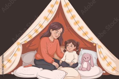 Happy cartoon mother and daughter bonding in cozy pillow fort decorated with string lights illustration domestic family time together playful childhood memory concept for parenting blogs and education
