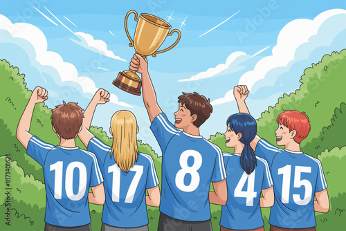 Victorious sports team celebrating championship win with trophy cartoon illustration of diverse players in uniform raising arms in excitement outdoors for teamwork achievement competitive success yout