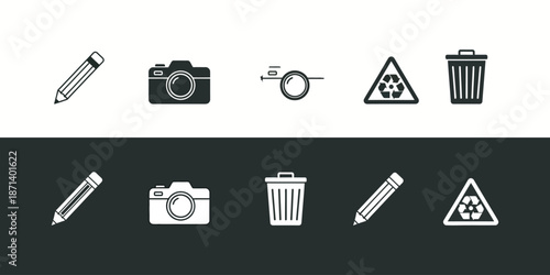 A collection of black and white icons featuring cameras pencils trash cans and warning signs