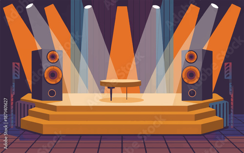 stage with speakers and table under spotlights in concert hall interior