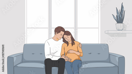 Loving young couple expecting baby sitting on sofa at home happy pregnant woman with husband embracing caressing belly family lifestyle parenthood anticipation concept for healthcare maternity adverti