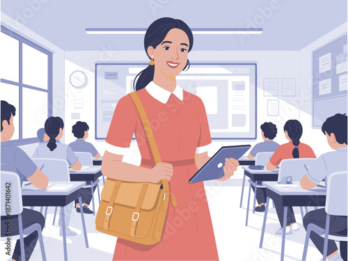Smiling school teacher holding tablet in classroom with students learning education concept vector illustration modern teaching methods for online learning educational resources teacher development pr
