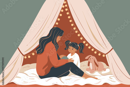Loving mother and daughter in cozy indoor tent with lights sharing storybook moment of family bonding and bedtime reading for children's book illustration or happy parenting lifestyle blog concept art