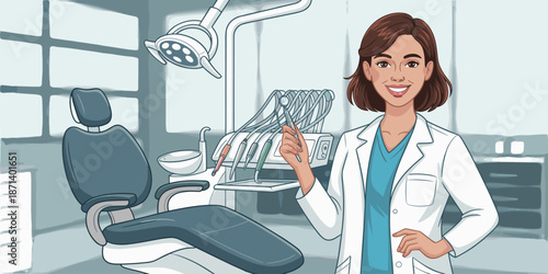 Smiling female dentist holding dental mirror in modern clinic exam room with chair equipment professional healthcare worker illustration for medical advertising dental hygiene oral health checkup and