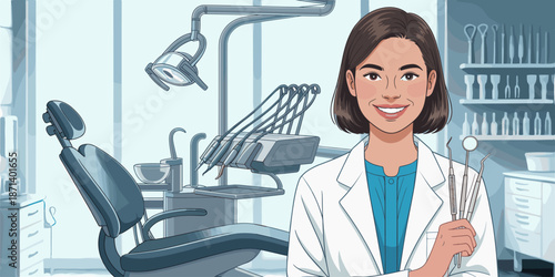 Smiling female dentist holding dental tools in modern clinic office with chair equipment professional healthcare worker illustration for medicine advertising dental hygiene oral health concept in medi