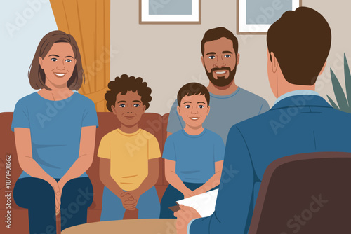 Happy diverse family in counseling session with therapist listening empathetically providing support and guidance for parents and children in modern office setting mental health and wellness in family